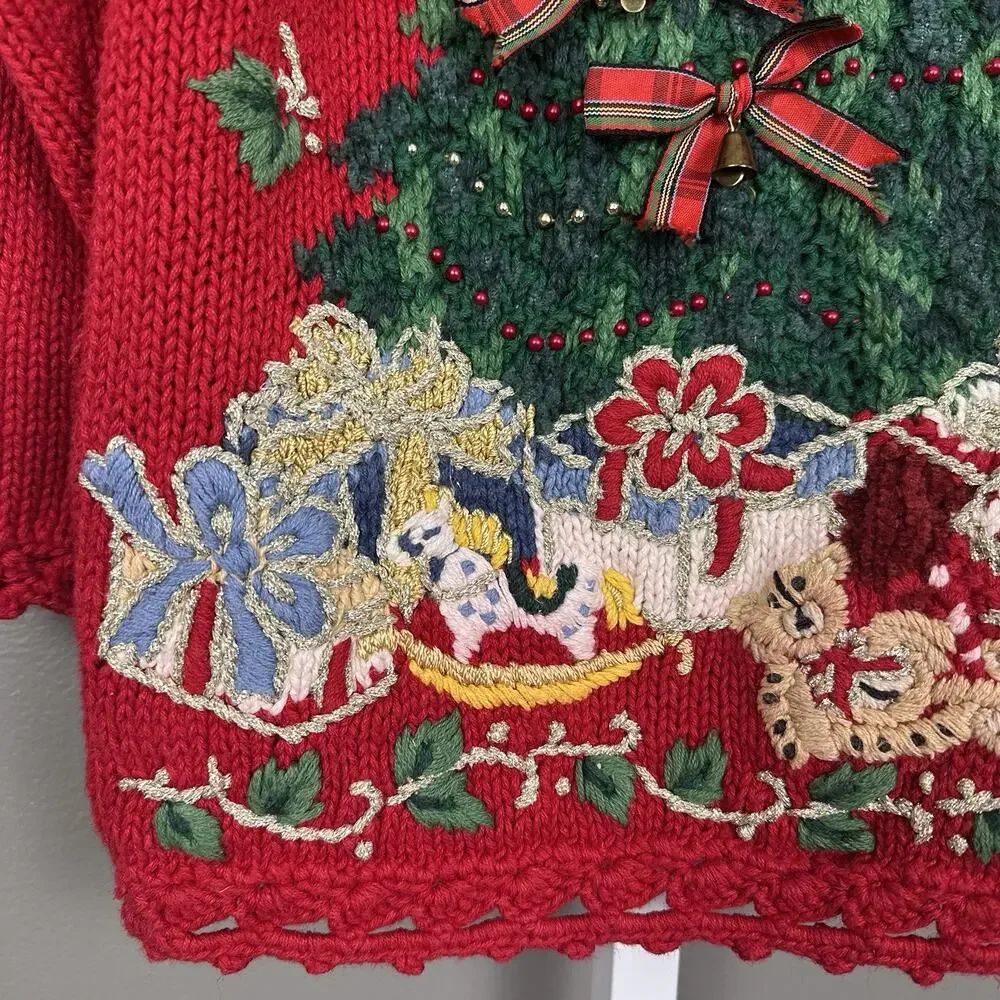 Vintage Tiara International Red Christmas Tree Sweater Girls Size 6X Embellished